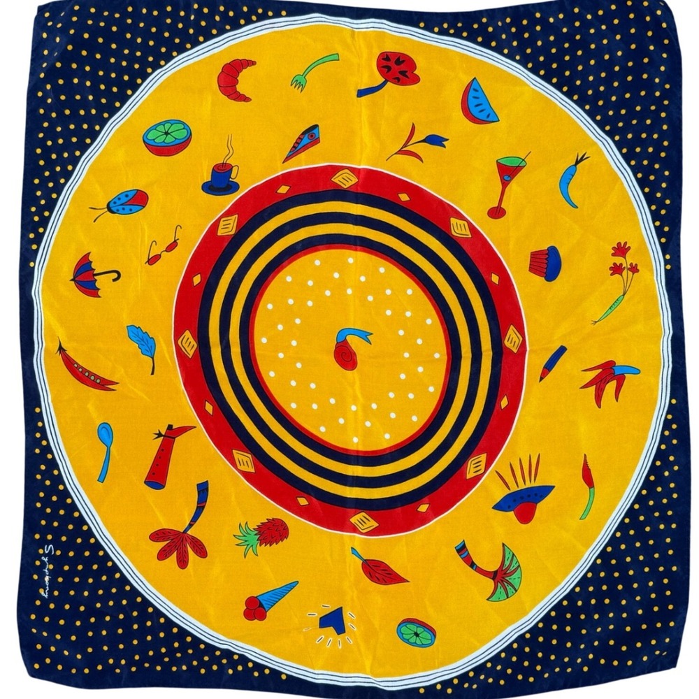 Vintage Symphony Silk‎ Scarf Yellow Blue Graphic Novelty Print Square 20x20